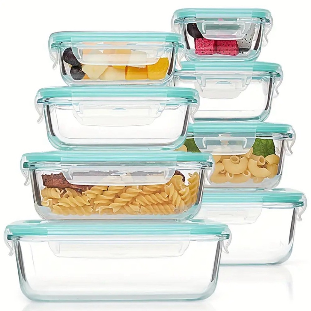 Glass Food Storage Nestable 8 pc Set with Aqua Lids